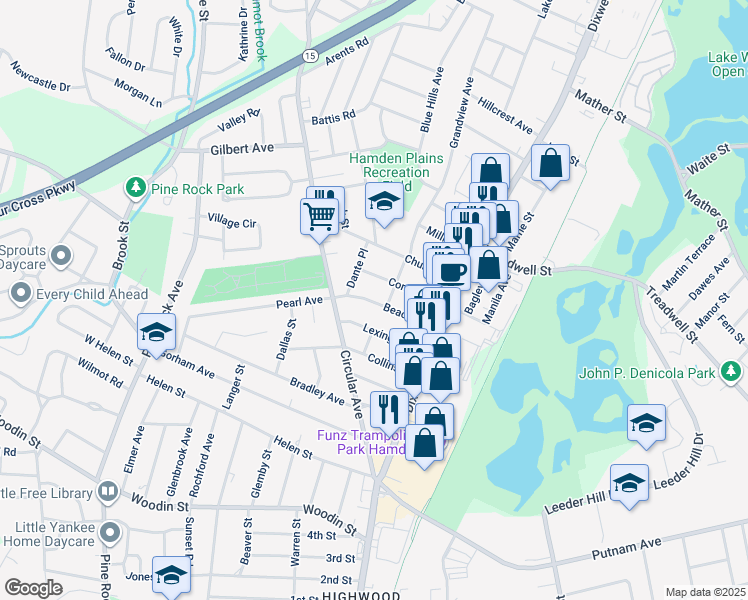 map of restaurants, bars, coffee shops, grocery stores, and more near 84 Beacon Street in Hamden