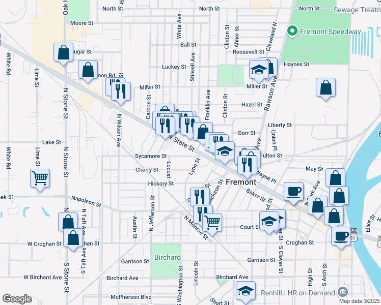map of restaurants, bars, coffee shops, grocery stores, and more near 1200-1224 Sycamore Street in Fremont