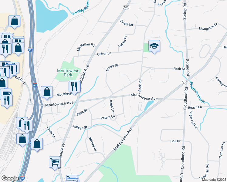 map of restaurants, bars, coffee shops, grocery stores, and more near 83 Fitch Street in North Haven