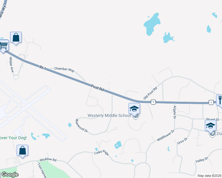 map of restaurants, bars, coffee shops, grocery stores, and more near 112 Post Rd in Westerly
