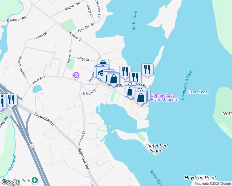 map of restaurants, bars, coffee shops, grocery stores, and more near 20 Main Street in Essex