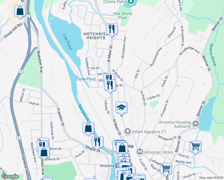 map of restaurants, bars, coffee shops, grocery stores, and more near 141 North Main Street in Ansonia