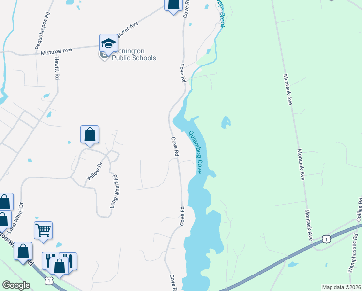 map of restaurants, bars, coffee shops, grocery stores, and more near 152 Cove Road in Stonington