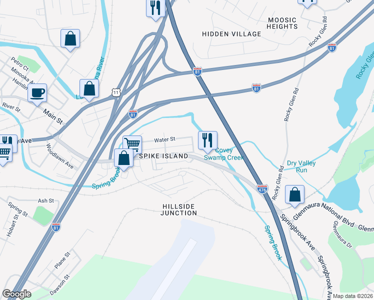 map of restaurants, bars, coffee shops, grocery stores, and more near 1133 Springbrook Avenue in Moosic