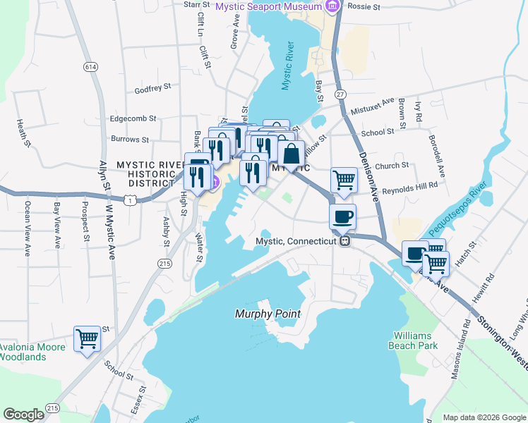 map of restaurants, bars, coffee shops, grocery stores, and more near 55 Willow St in Stonington