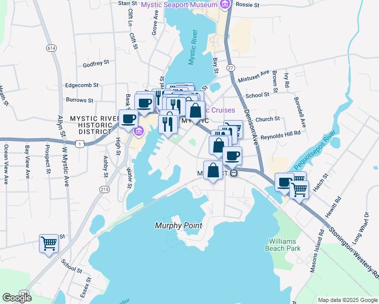 map of restaurants, bars, coffee shops, grocery stores, and more near 17 Washington Street in Stonington