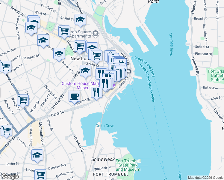 map of restaurants, bars, coffee shops, grocery stores, and more near 150 Bank Street in New London