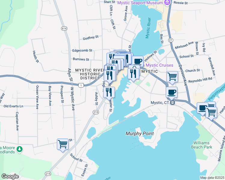 map of restaurants, bars, coffee shops, grocery stores, and more near 17 Water Street in Groton