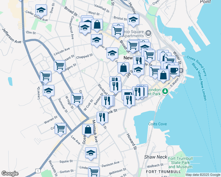 map of restaurants, bars, coffee shops, grocery stores, and more near 17 Blackhall Street in New London