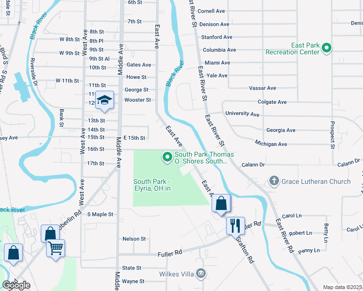map of restaurants, bars, coffee shops, grocery stores, and more near 1327 East Avenue in Elyria