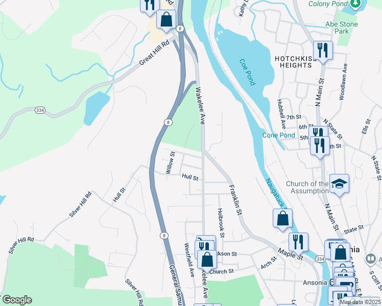 map of restaurants, bars, coffee shops, grocery stores, and more near 13 Scotland Street in Ansonia