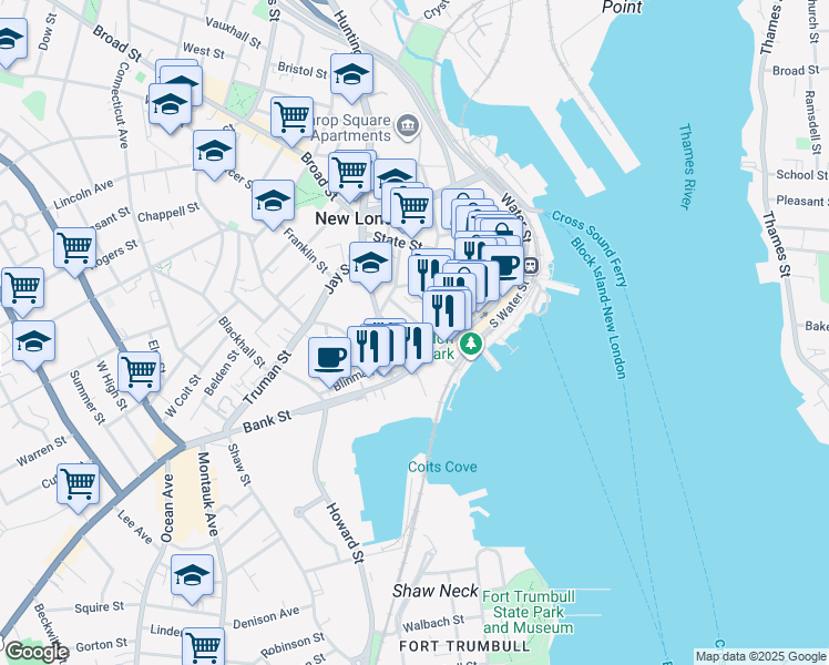 map of restaurants, bars, coffee shops, grocery stores, and more near in New London