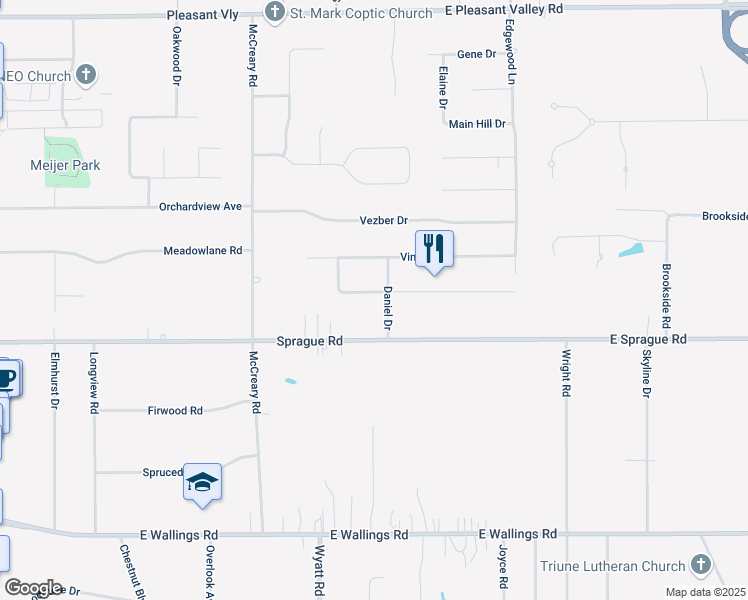 map of restaurants, bars, coffee shops, grocery stores, and more near 3342 Shelly Drive in Seven Hills