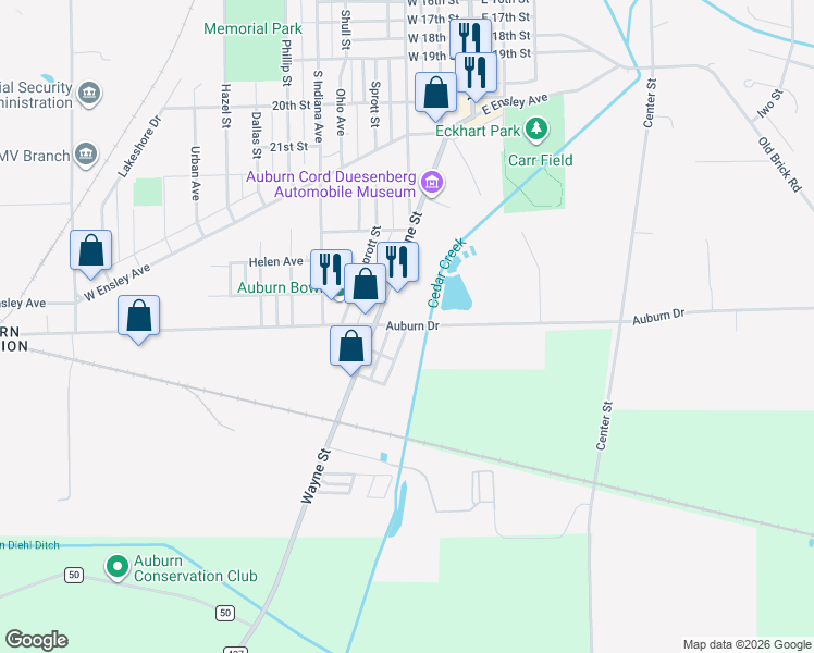 map of restaurants, bars, coffee shops, grocery stores, and more near Auburn Drive in Auburn