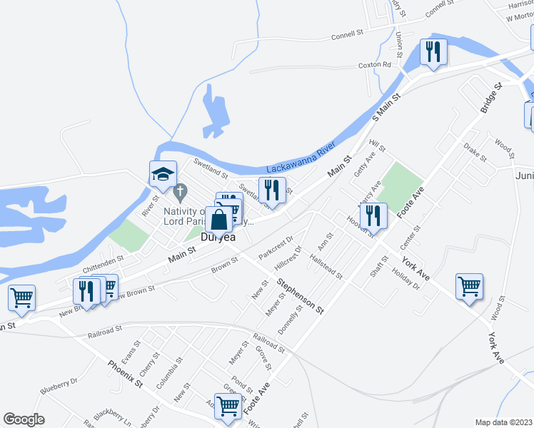 map of restaurants, bars, coffee shops, grocery stores, and more near 619 Main Street in Duryea