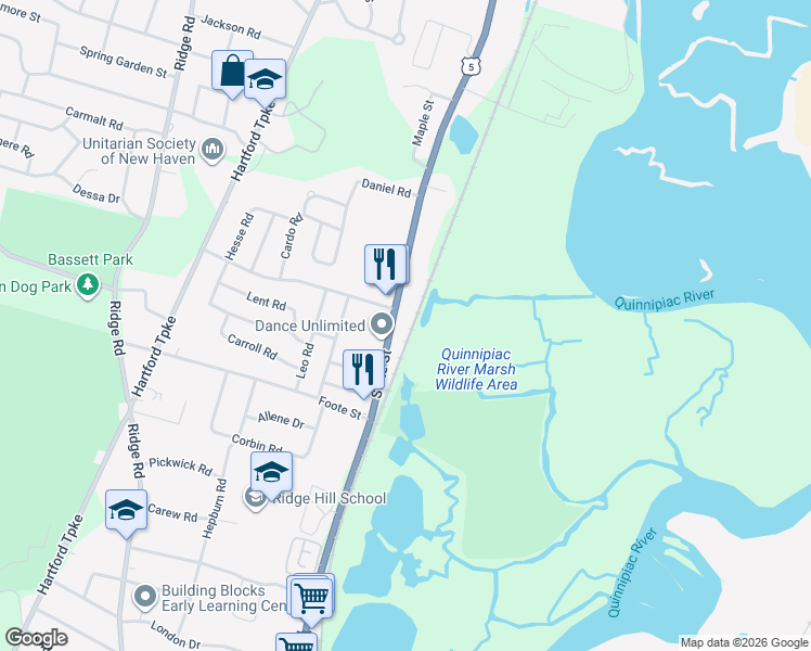 map of restaurants, bars, coffee shops, grocery stores, and more near 2635 State Street in Hamden