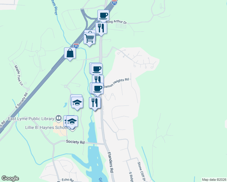 map of restaurants, bars, coffee shops, grocery stores, and more near 9 Clarks Lane in East Lyme
