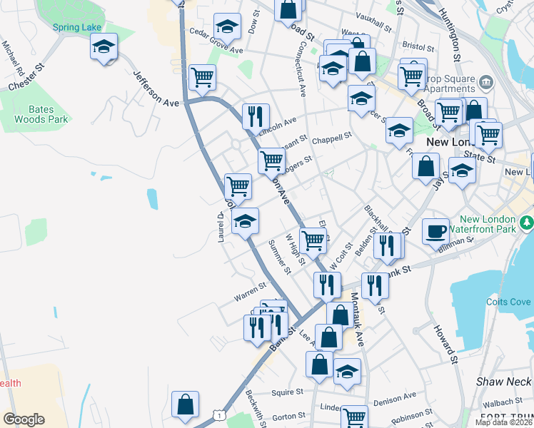 map of restaurants, bars, coffee shops, grocery stores, and more near 156 Garfield Avenue in New London