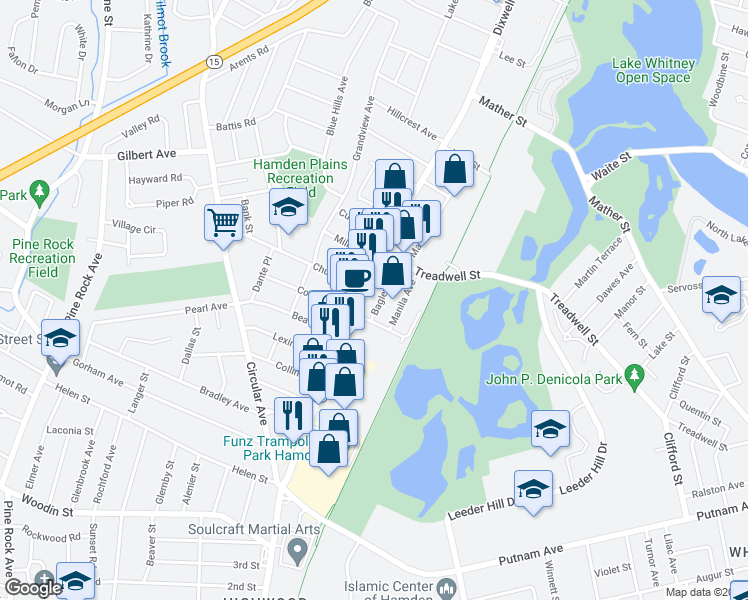 map of restaurants, bars, coffee shops, grocery stores, and more near 14 Bagley Avenue in Hamden