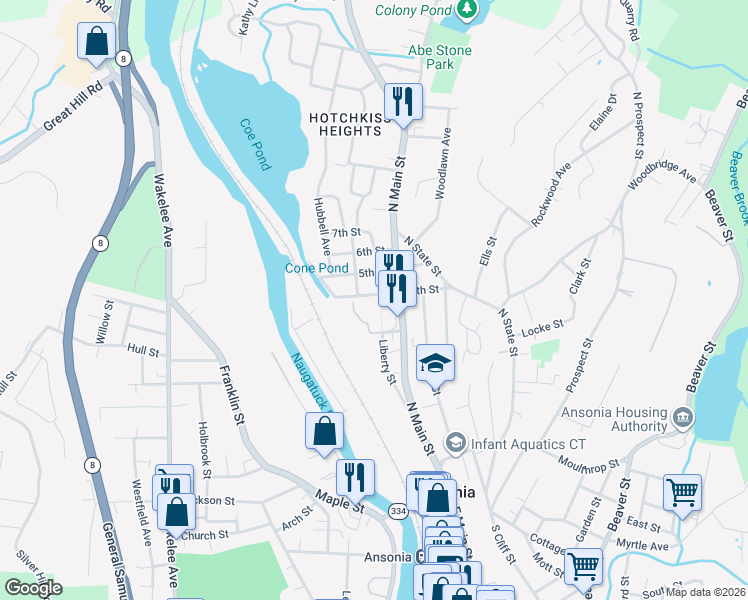 map of restaurants, bars, coffee shops, grocery stores, and more near 141 North Main Street in Ansonia
