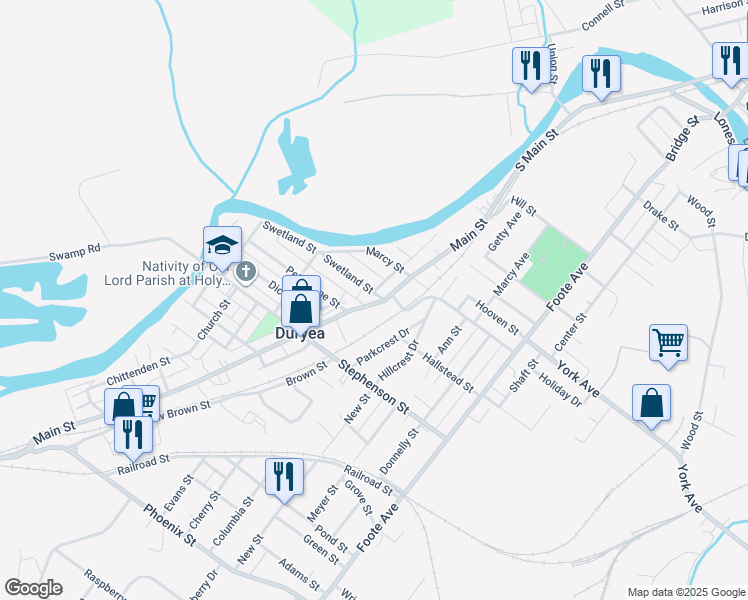 map of restaurants, bars, coffee shops, grocery stores, and more near 626 Main Street in Duryea