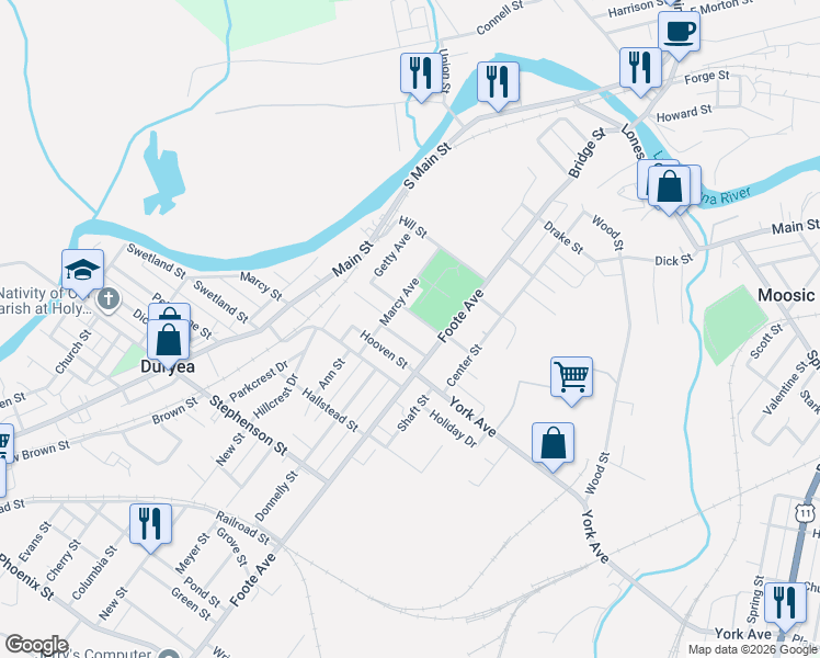 map of restaurants, bars, coffee shops, grocery stores, and more near Constitution St in Duryea
