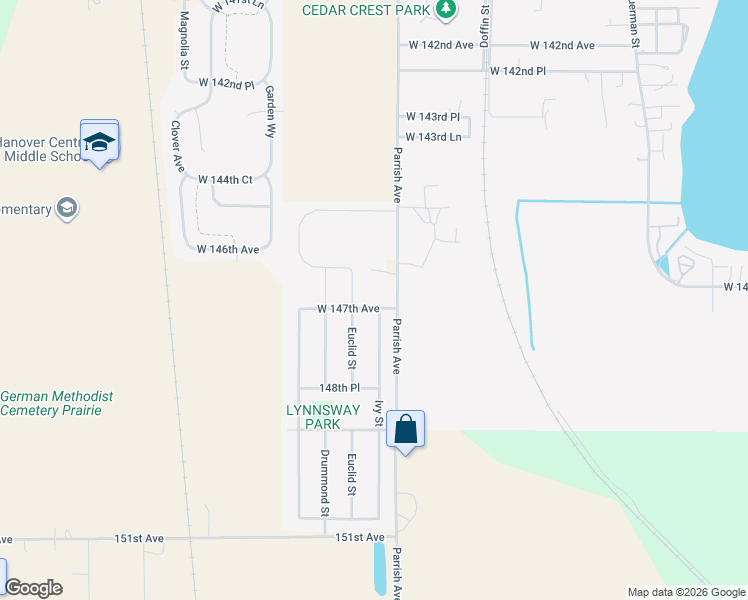 map of restaurants, bars, coffee shops, grocery stores, and more near 14706 Ivy St in Cedar Lake