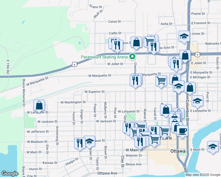 map of restaurants, bars, coffee shops, grocery stores, and more near 815 West Superior Street in Ottawa