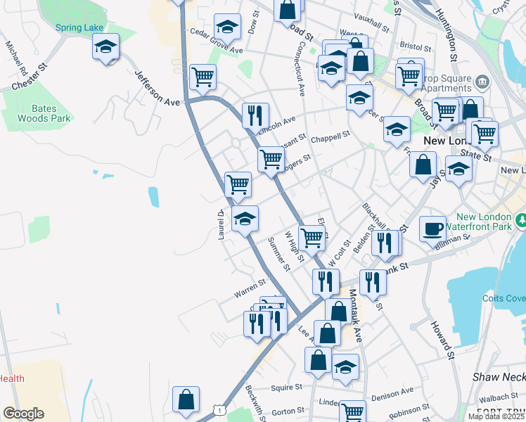map of restaurants, bars, coffee shops, grocery stores, and more near 156 Garfield Avenue in New London