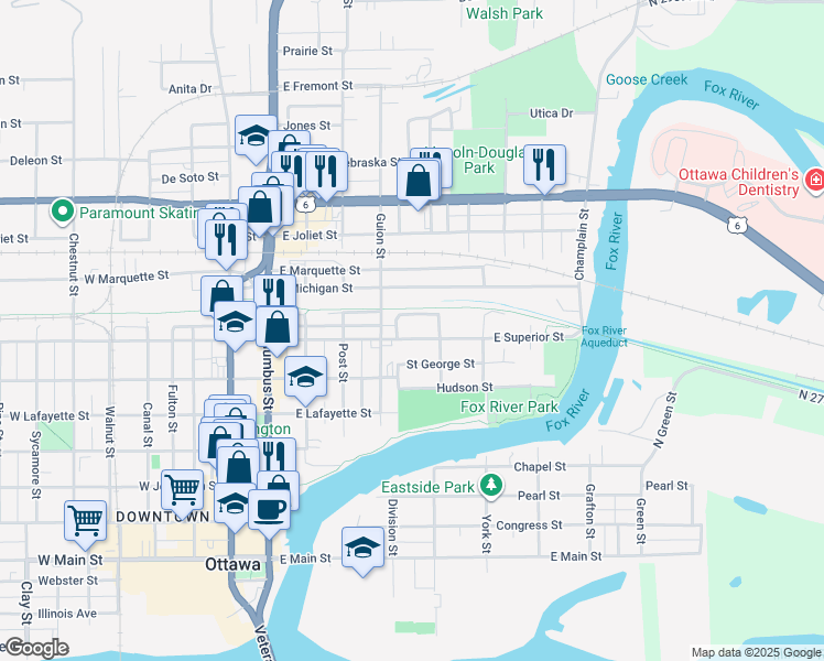 map of restaurants, bars, coffee shops, grocery stores, and more near 400 East Washington Street in Ottawa
