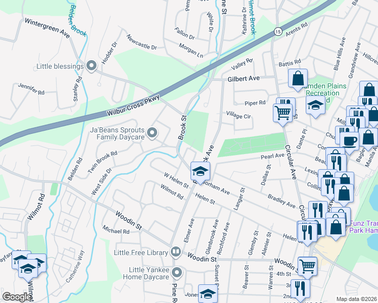map of restaurants, bars, coffee shops, grocery stores, and more near 60 Brook Street in Hamden