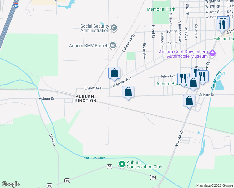 map of restaurants, bars, coffee shops, grocery stores, and more near 1115 Auburn Drive in Auburn