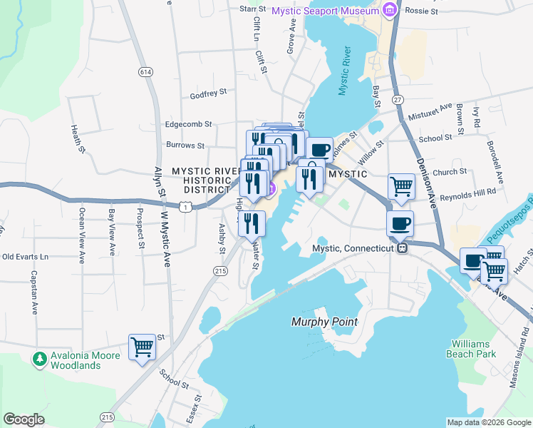 map of restaurants, bars, coffee shops, grocery stores, and more near 17 Water Street in Groton