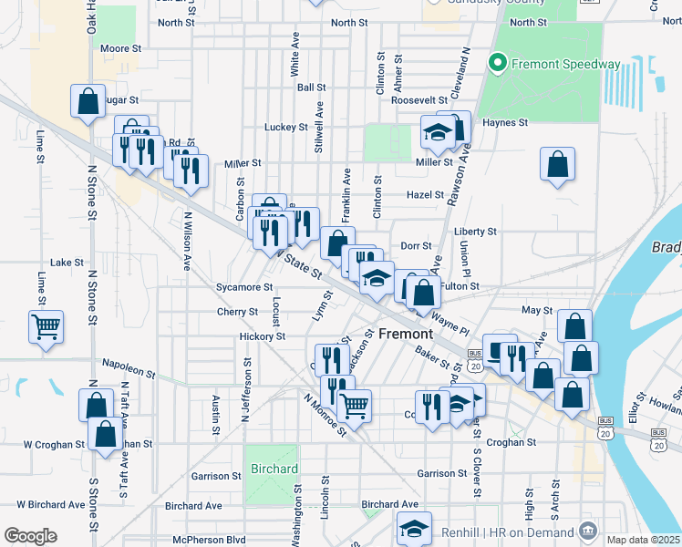 map of restaurants, bars, coffee shops, grocery stores, and more near 1200-1224 Sycamore Street in Fremont