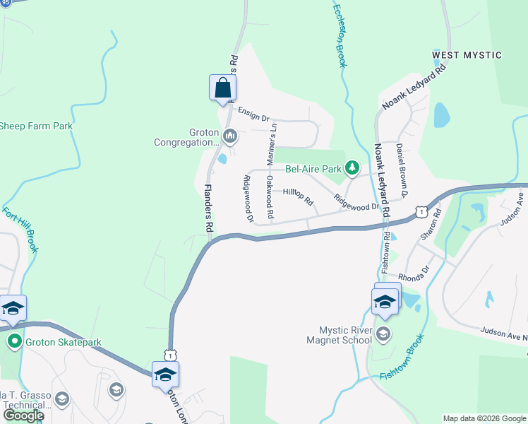 map of restaurants, bars, coffee shops, grocery stores, and more near 342 Ridgewood Drive in Groton