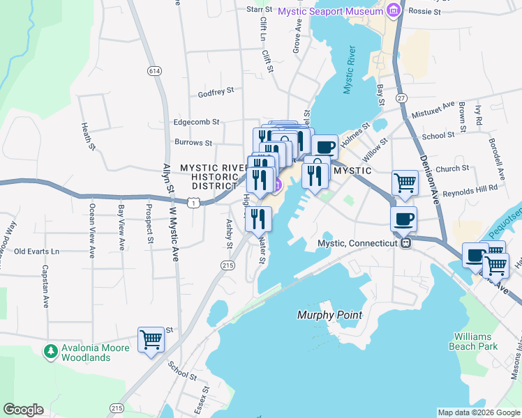 map of restaurants, bars, coffee shops, grocery stores, and more near 17 Water Street in Groton