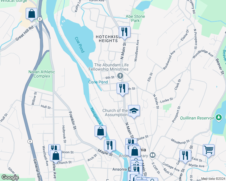 map of restaurants, bars, coffee shops, grocery stores, and more near 33 4th Street in Ansonia