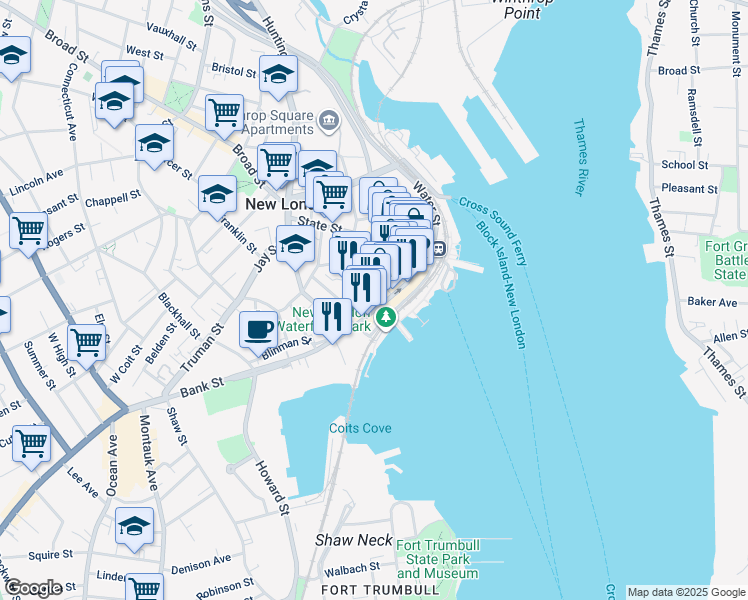 map of restaurants, bars, coffee shops, grocery stores, and more near 194 Bank Street in New London