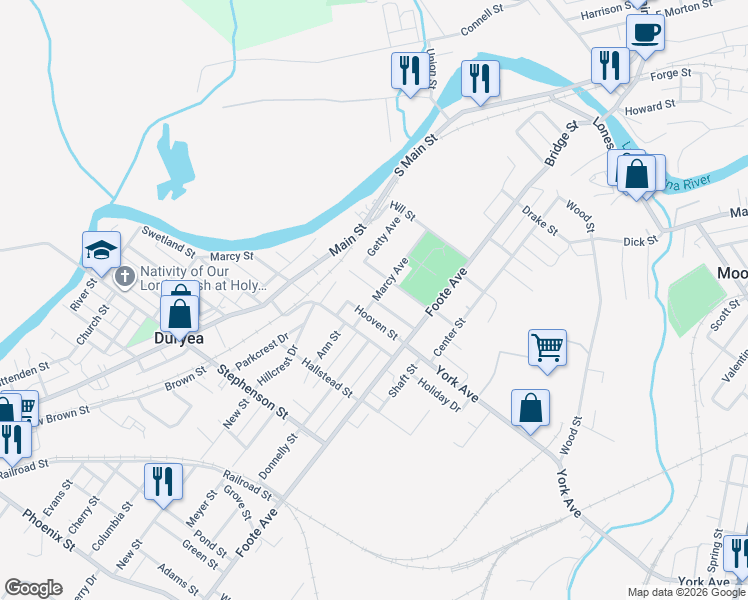 map of restaurants, bars, coffee shops, grocery stores, and more near Constitution St in Duryea
