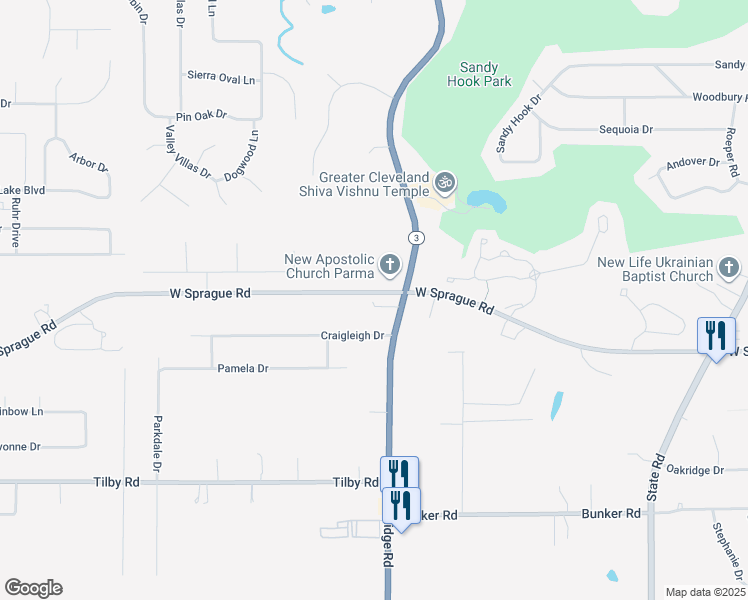 map of restaurants, bars, coffee shops, grocery stores, and more near 6611 Ridge Road in Parma