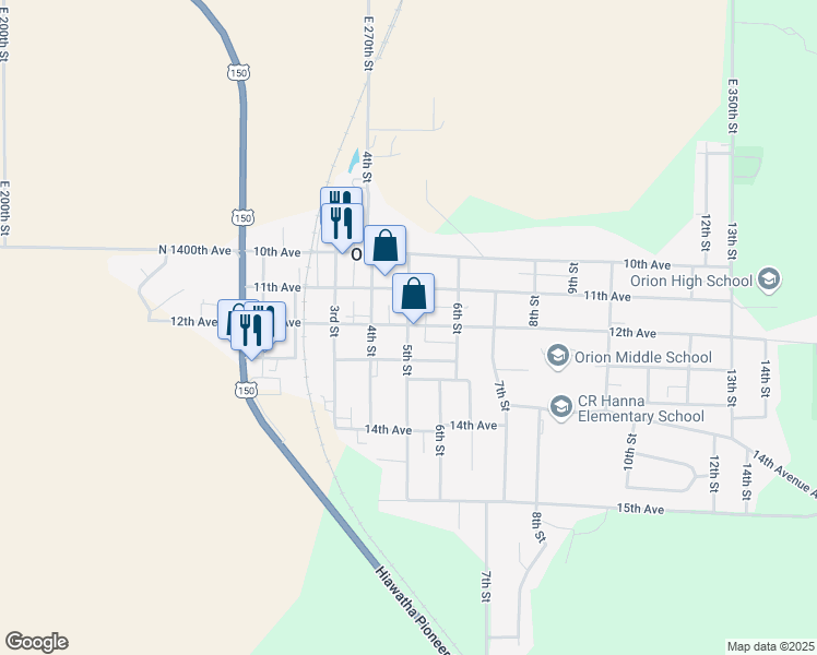 map of restaurants, bars, coffee shops, grocery stores, and more near 1208 5th Street in Orion