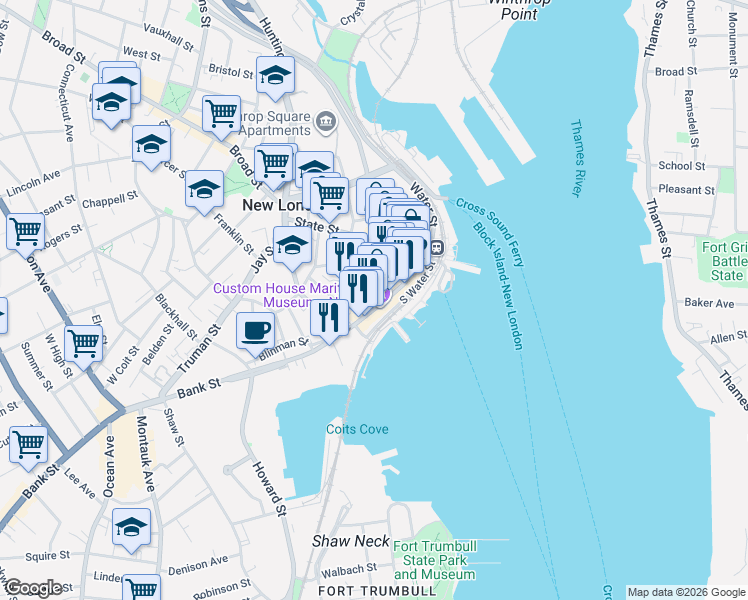 map of restaurants, bars, coffee shops, grocery stores, and more near 194 Bank Street in New London