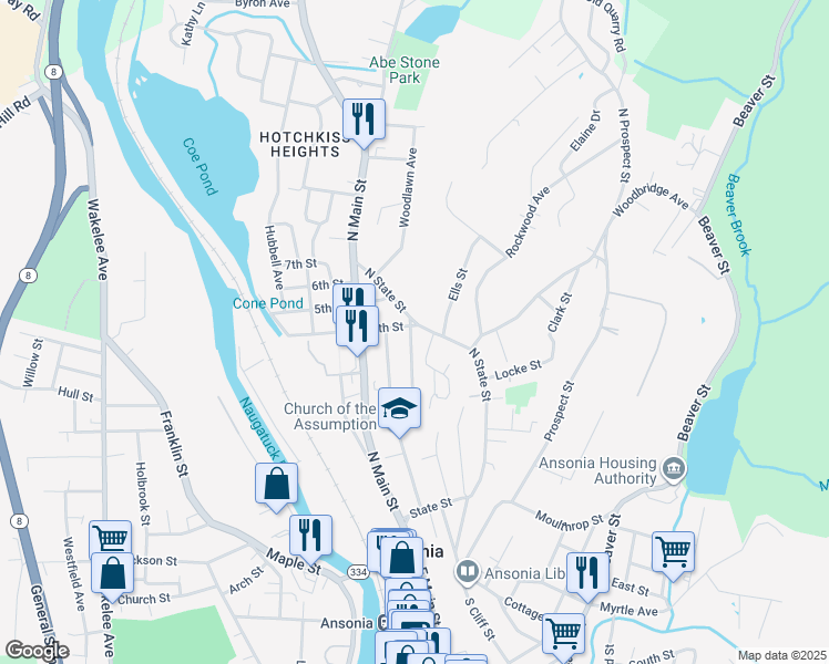 map of restaurants, bars, coffee shops, grocery stores, and more near 44 Winter Street in Ansonia