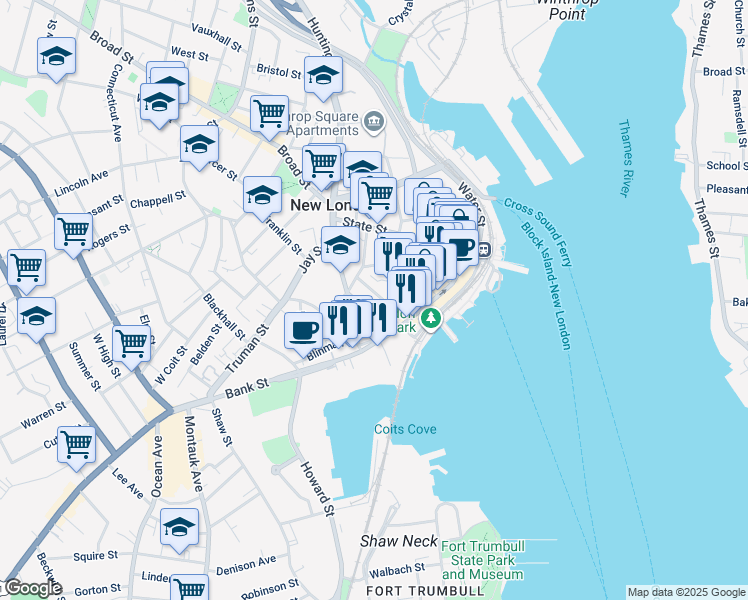 map of restaurants, bars, coffee shops, grocery stores, and more near in New London