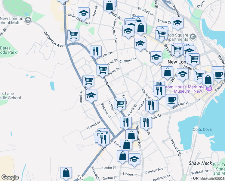 map of restaurants, bars, coffee shops, grocery stores, and more near 11 Redden Avenue in New London