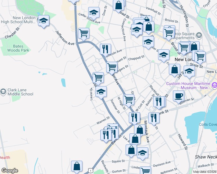 map of restaurants, bars, coffee shops, grocery stores, and more near 156 Garfield Avenue in New London