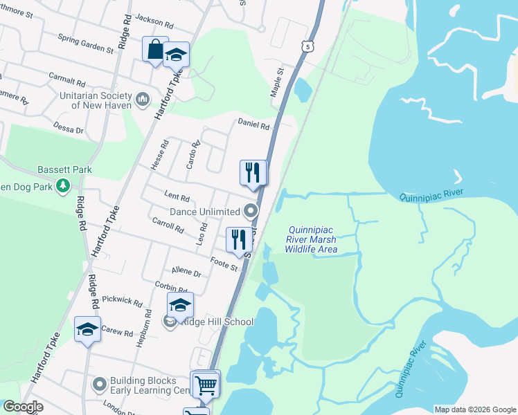 map of restaurants, bars, coffee shops, grocery stores, and more near 2635 State Street in Hamden
