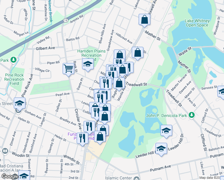 map of restaurants, bars, coffee shops, grocery stores, and more near 14 Bagley Avenue in Hamden