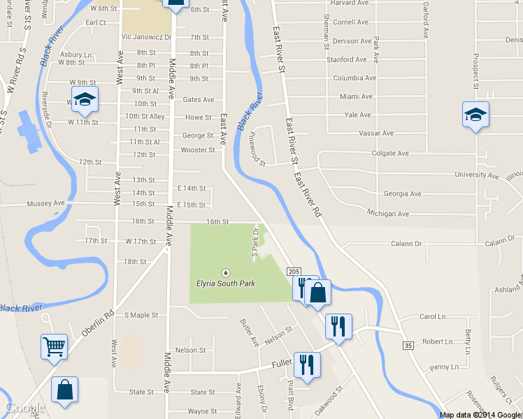 map of restaurants, bars, coffee shops, grocery stores, and more near 1327 East Avenue in Elyria
