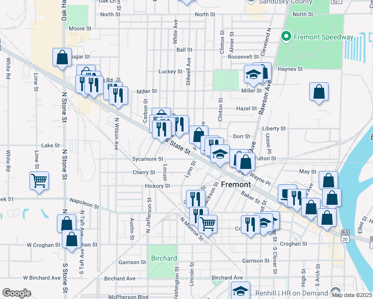 map of restaurants, bars, coffee shops, grocery stores, and more near 1224 Sycamore Street in Fremont